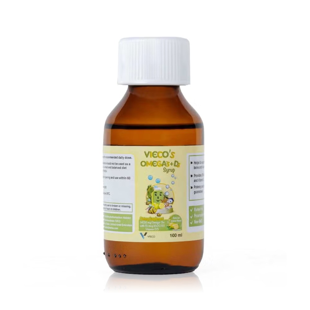 Vieco's omega 3 + vitamin d3 lemon flavoured syrup for kids 100ml