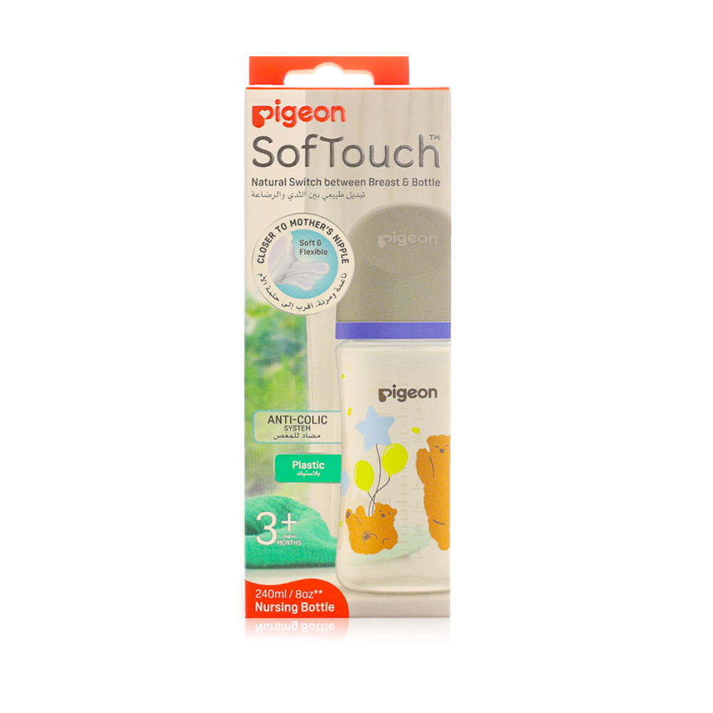 Pigeon softtouch wide neck decorated plastic nursing bottle (bear design) +3 m 240 ml