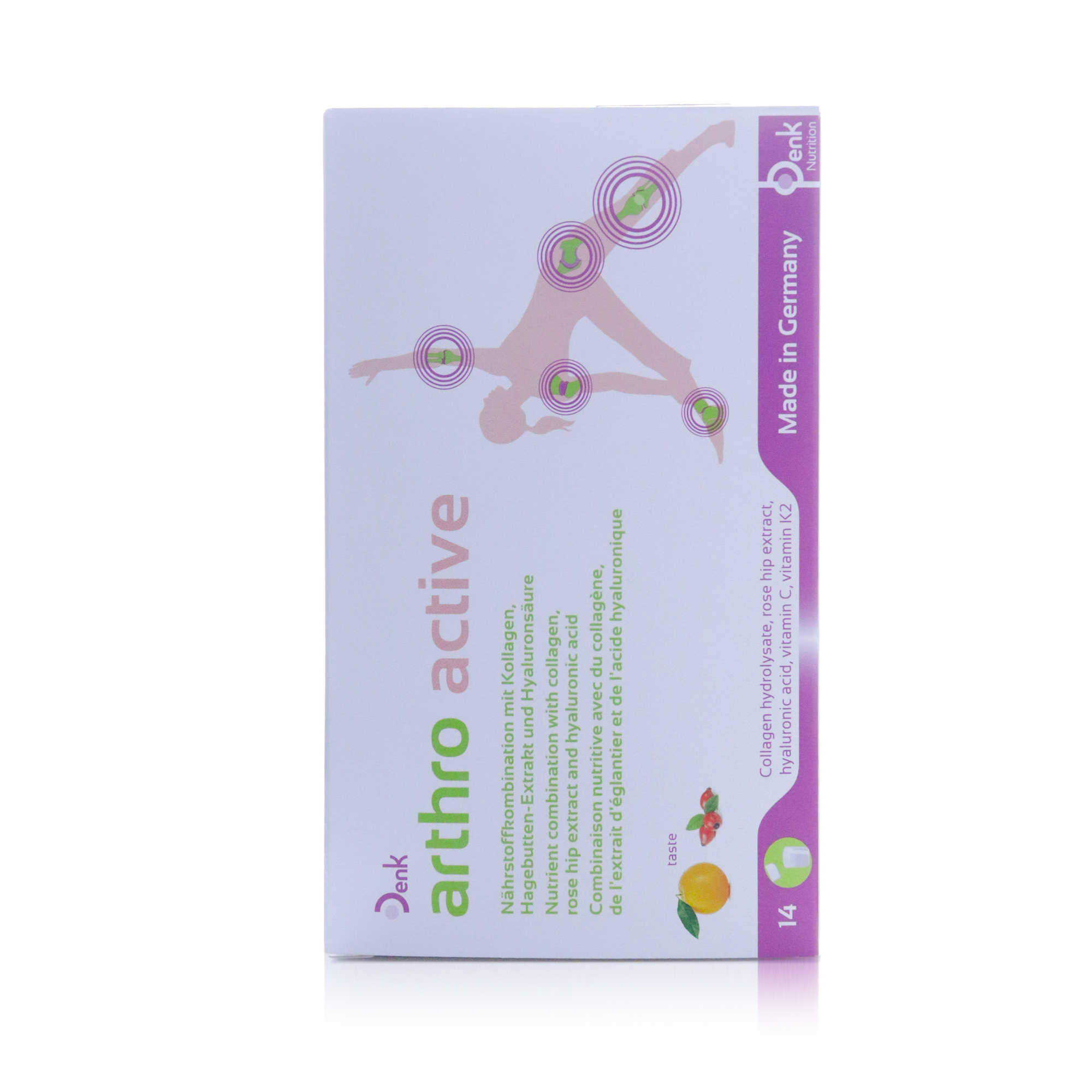 Denk Arthro Active 4.5g Collagen Supplement Sticks Orange & Cherry Flavor with Rosehip Extract, Vitamin C & Hyaluronic Acid, 14 Pieces